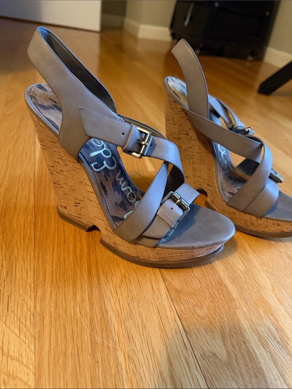 Sam Edelman Light Gray Leather Cork Wedge Sandals
